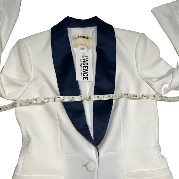NWT L'AGENCE Women's Sz 2 White Blazer Satin Navy Contrast Lapel Smoking Jacket